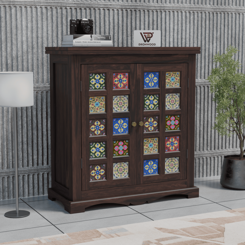 Sheesham Wood Cabinet with Colorful Ceramic Tile-DRONWOOD