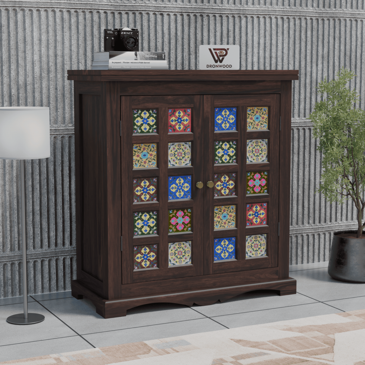 Sheesham Wood Cabinet with Colorful Ceramic Tile-DRONWOOD