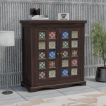 Sheesham Wood Cabinet with Colorful Ceramic Tile-DRONWOOD