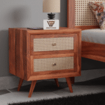 Solid Sheesham Wood Bedside Table with 2 Cane Drawers