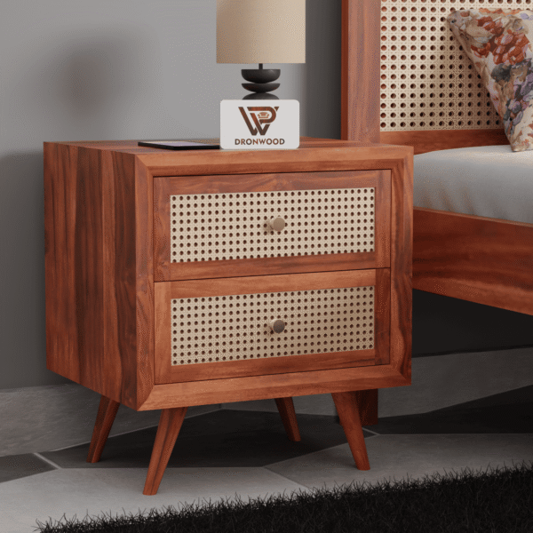 Solid Sheesham Wood Bedside Table with 2 Cane Drawers