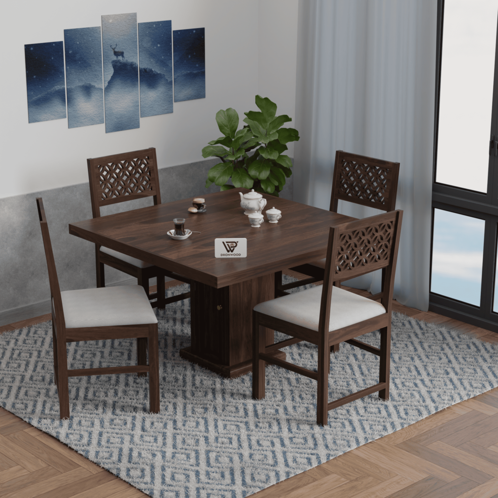 Sheesham Wood 4-Seater Dining Table Set with Cushioned Chairs-Dronwood