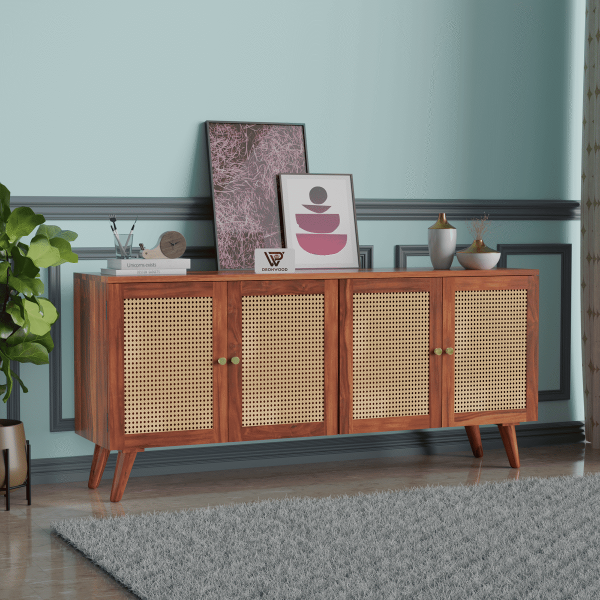 Modern Solid Wood Sideboard with Cane Doors