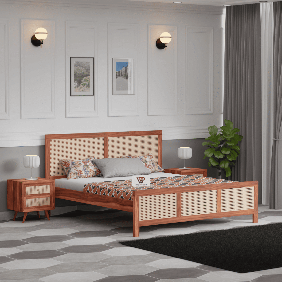Solid Sheesham Wood King Size Bed with Cane Headboard