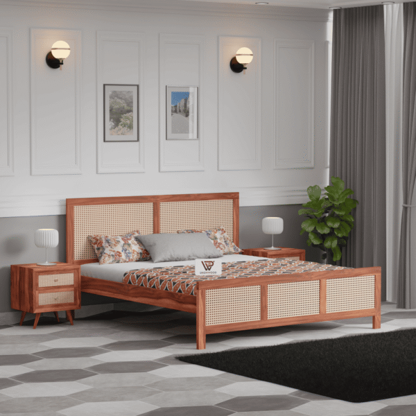 Solid Sheesham Wood King Size Bed with Cane Headboard