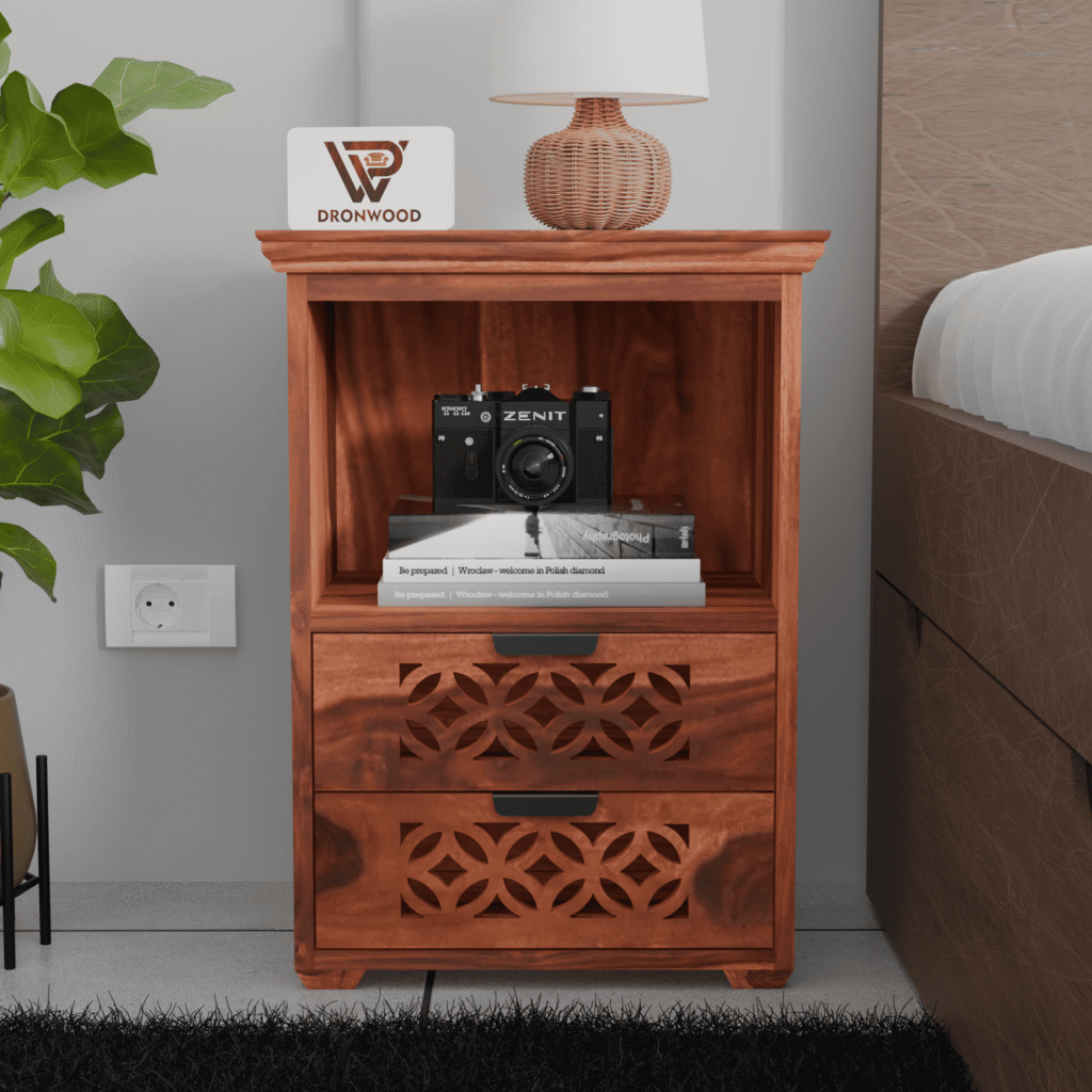 Premium Sheesham Wood Bedside Table with Jalabi Design Dual Carved Drawers