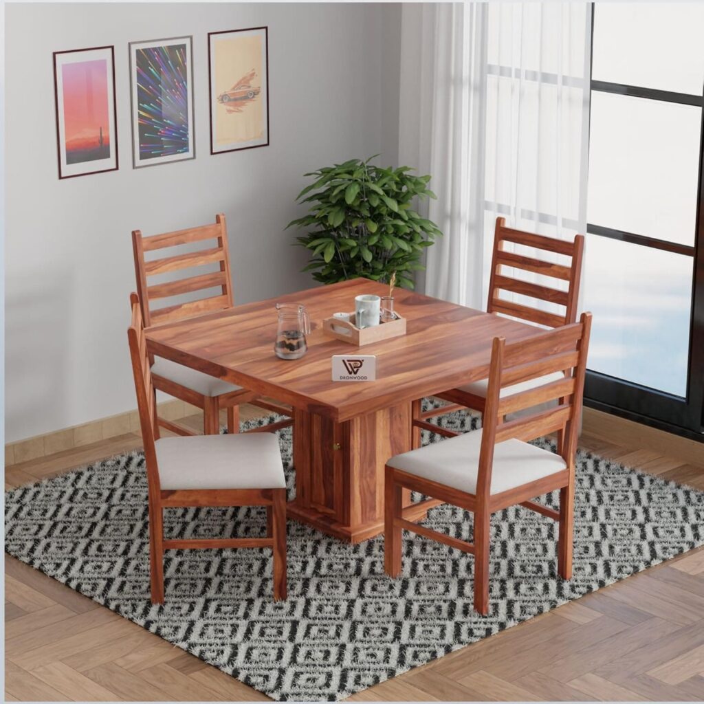 Sheesham Wood 4-Seater Dining Table Set with Cushioned Chairs-Dronwood