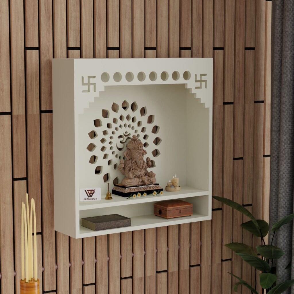 Wooden Wall-Mounted Mandir with Om & Swastik Design-Dronwood
