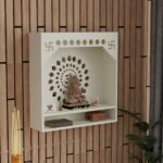 Wooden Wall-Mounted Mandir with Om & Swastik Design-Dronwood