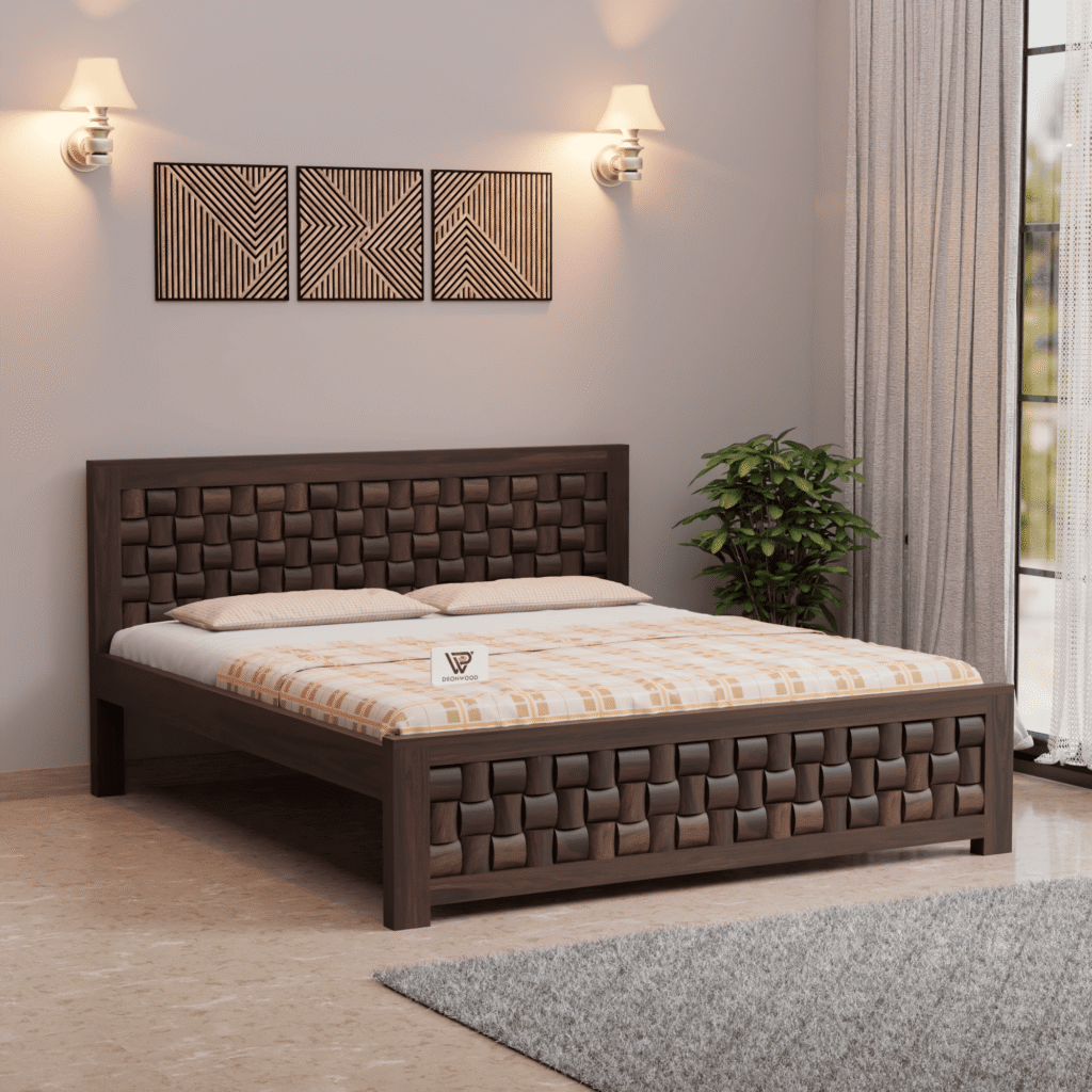 Solid Sheesham King Bed with Handwoven Design-dronwood