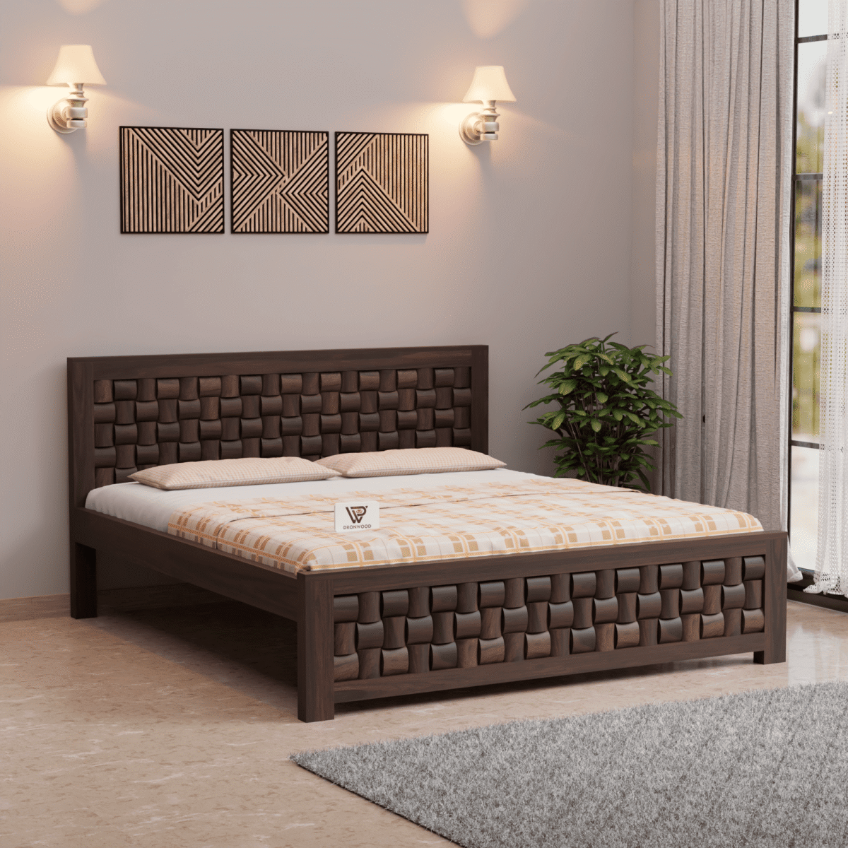 Solid Sheesham King Bed with Handwoven Design-dronwood