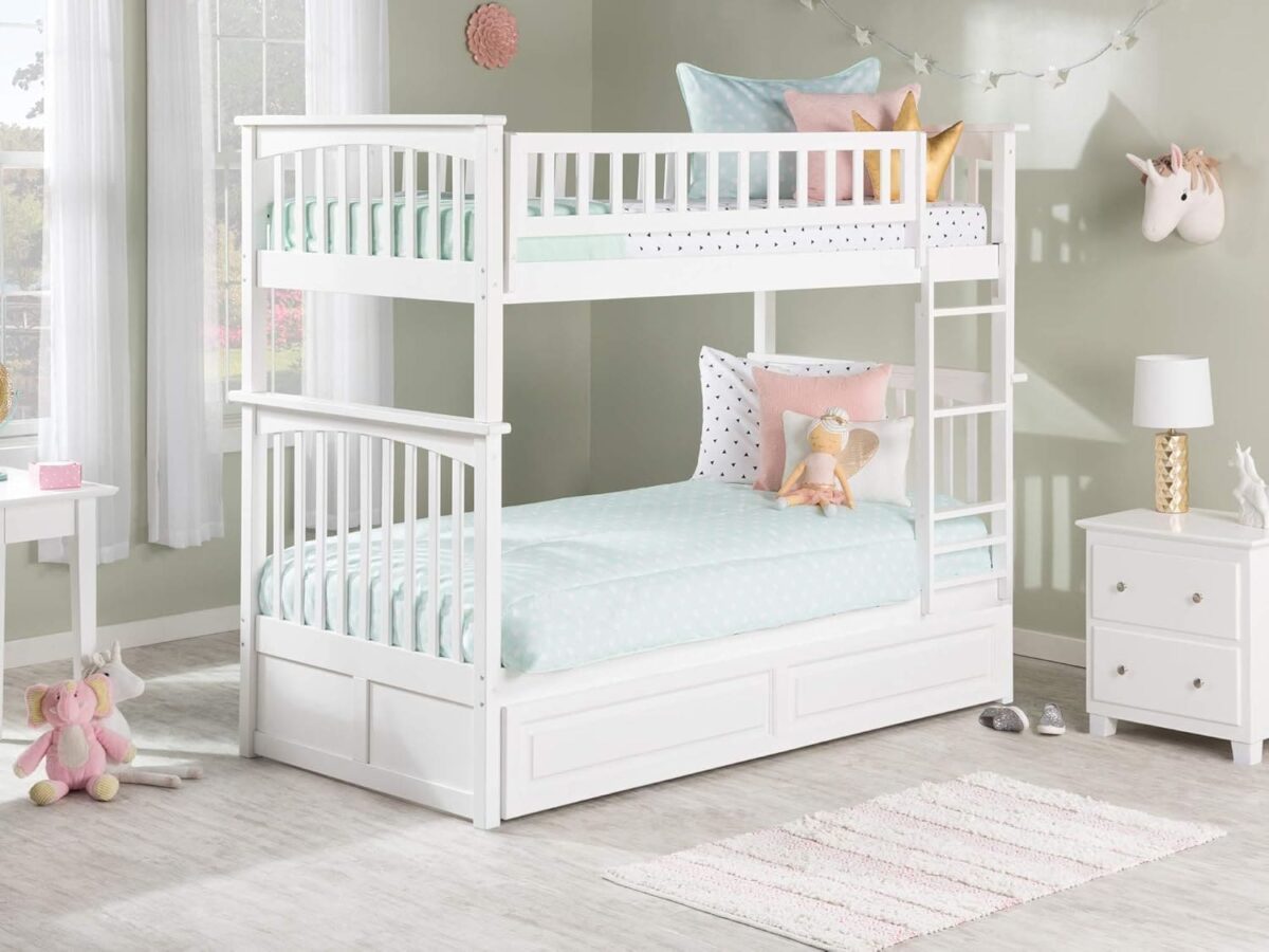 White Wooden Bunk Bed with Storage Drawers