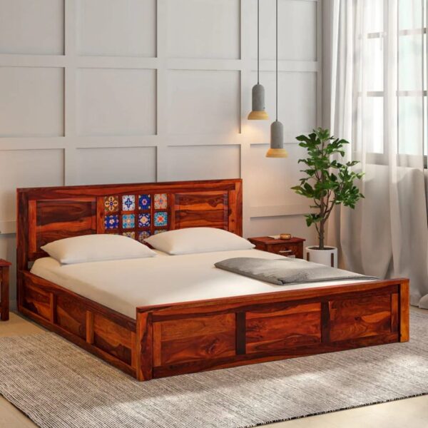 Sheesham Wood Queen Size Bed In Honey Finish With Box Storage 