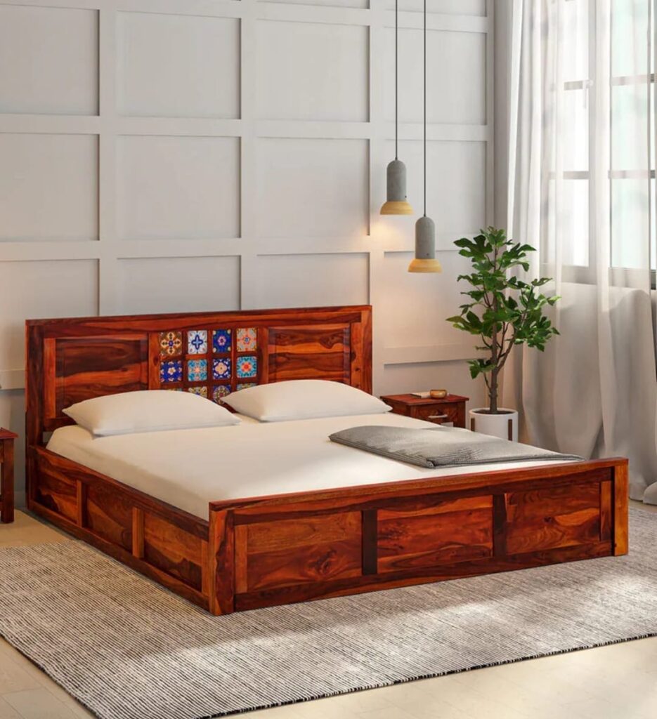 Sheesham Wood Queen Size Bed In Honey Finish With Box Storage 