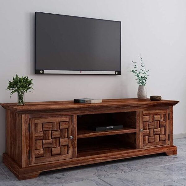 Sheesham Wood TV Stand Solid Wood TV Unit with Cabinet Wooden TV Table with Storage Entertainment Unit with Open Shelf TV Cabinet for Living Room India