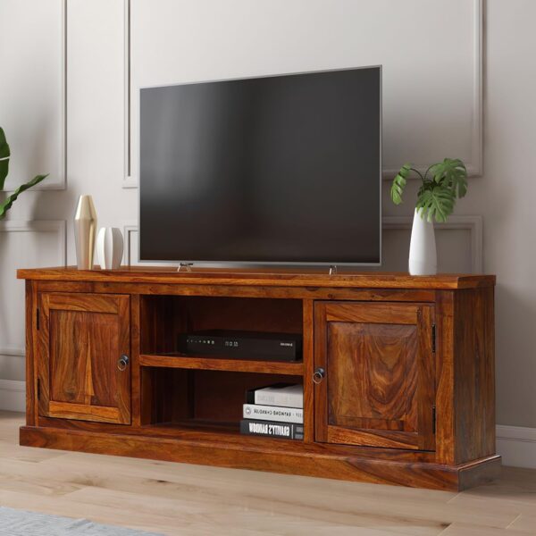 Sheesham Wood TV Stand with 2 Door & Shelf Storage