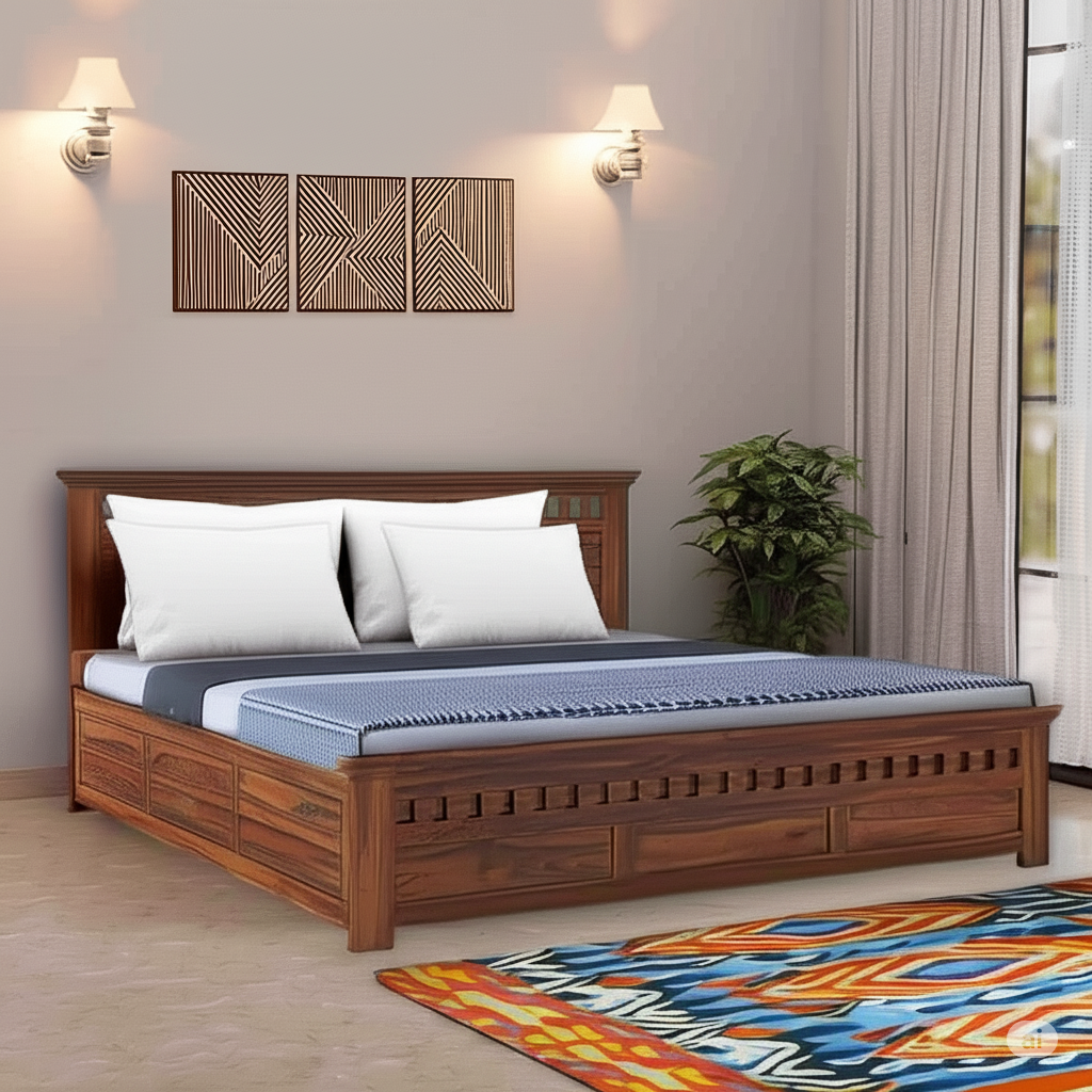 King Size Wooden Bed Sheesham Wood Bed with Headboard Wooden Bed for Master Bedroom Solid Wood King Bed Frame Designer Bed in Natural Finish India