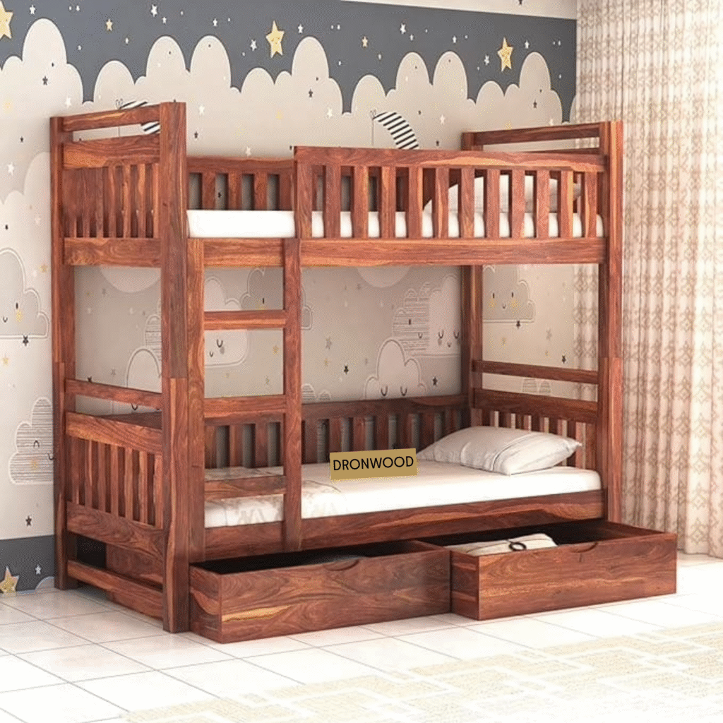 Wooden Bunk Bed with Storage Sheesham Wood Kids Bunk Bed Twin Bed for Children with Drawers Solid Wood Bed for Shared Room Space Saving Bunk Beds India