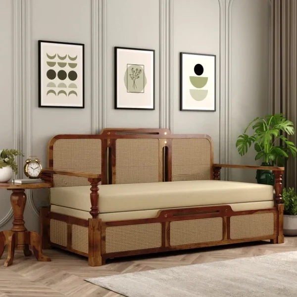 Ayaana Sheesham Wood 3 Seater Sofa Cum Bed with Cane Weaving & Premium upholstry