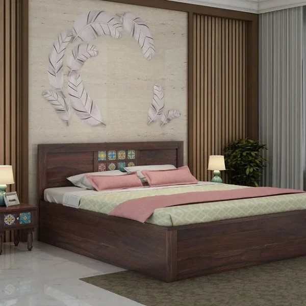 Dotwork Solid Sheesham Wood Hydraulic Bed With Box Storage
