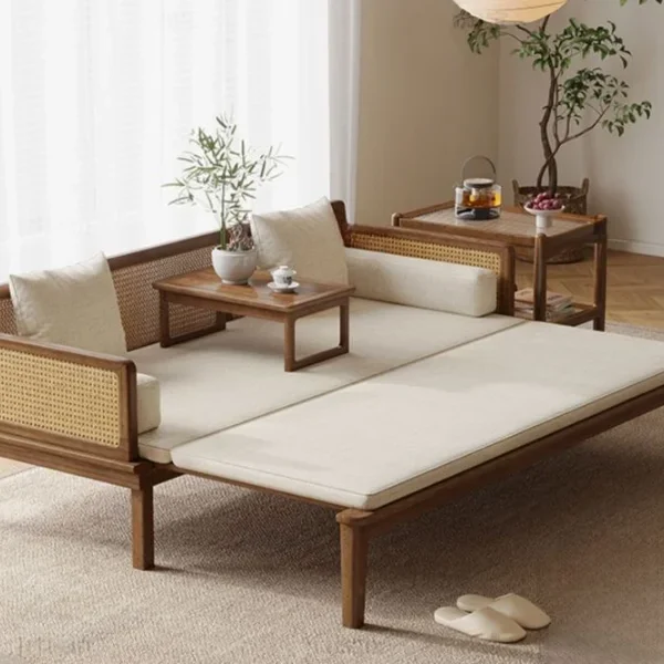 Sofa Bed With Rattan Weaving Wooden Frame