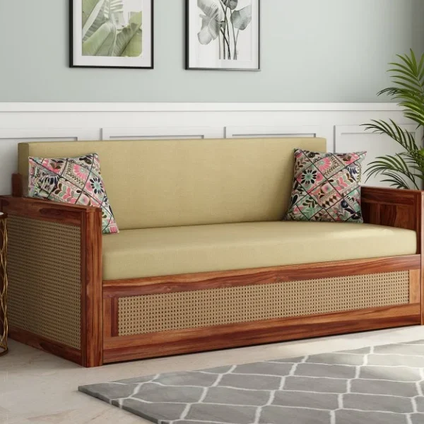 Walder Sheesham Wood 3 Seater Sofa Cum Bed with Cane