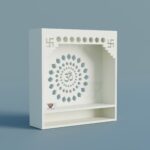 Wall mandir, Wall mounted, Wall mounted puja unit, Wooden mandir, Compact wooden mandir for home, Om design wall temple, White finish pooja shelf, CNC cut home temple,