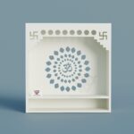 Wall mandir, Wall mounted, Wall mounted puja unit, Wooden mandir, Compact wooden mandir for home, Om design wall temple, White finish pooja shelf, CNC cut home temple,
