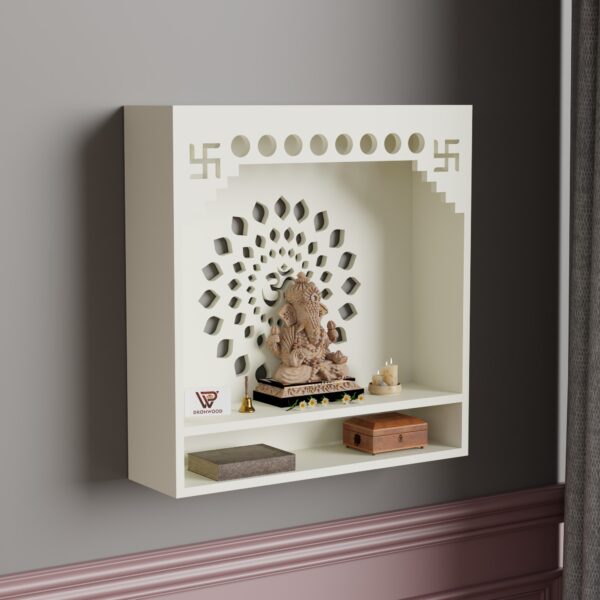 Wall mandir, Wall mounted, Wall mounted puja unit, Wooden mandir, Compact wooden mandir for home, Om design wall temple, White finish pooja shelf, CNC cut home temple,