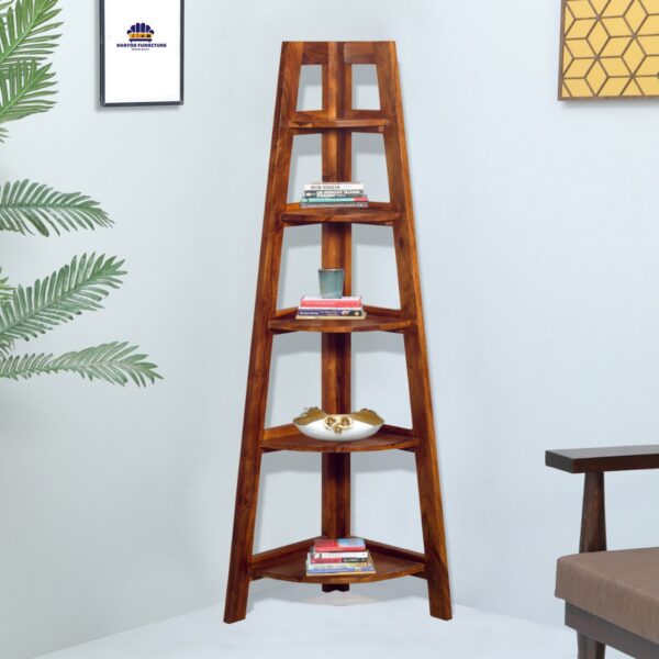 bookshelf, Sheesham wood corner rack 5 tier, Solid wood corner shelf stand, Wooden corner display rack for living room, Honey finish Sheesham corner bookshelf,