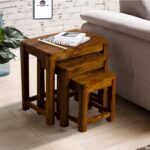tables set, bar tables set, Sheesham wood nesting tables set of 3, Solid wood nesting side tables, Compact wooden coffee side table set, Honey finish Sheesham nesting table, Living room wooden nesting stools,