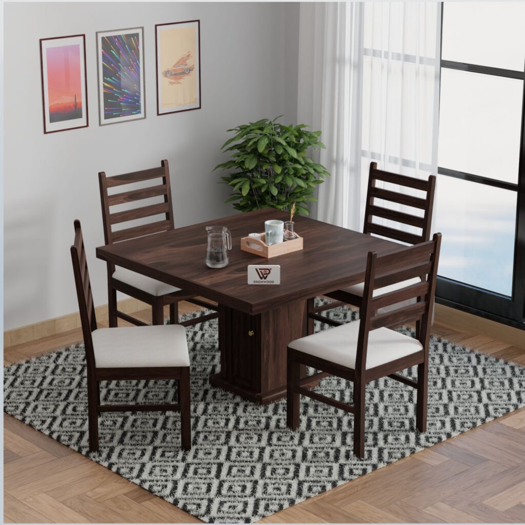Dining Set, 4 seater dining set, Dining set, Sheesham wood 4 seater dining set, Solid wood square dining table with chairs, Premium Sheesham dining table 4 seater, Wooden dining set with cushioned chairs, Compact 4 seater dining table for apartment,