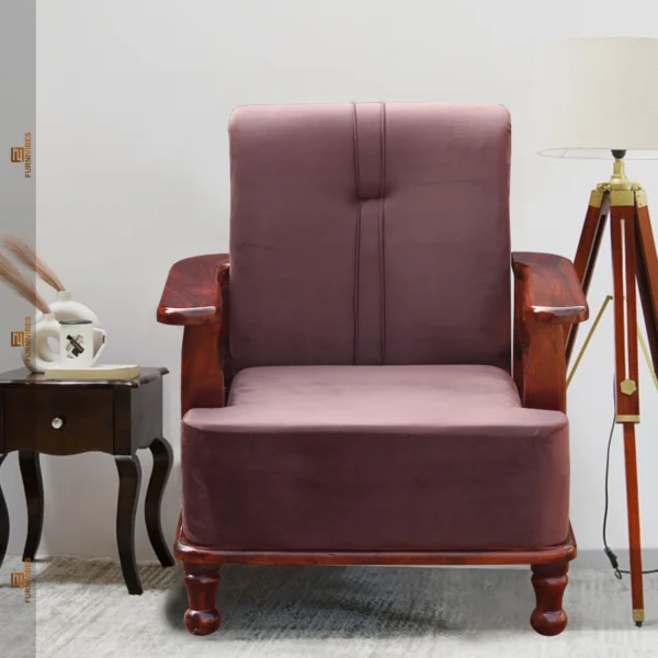 Single seater sofa chair, Single seater sofa chair, Sofa chair, Solid wood single seater sofa chair, Wooden armchair with cushions, Classic wooden single sofa for living room, Compact wooden lounge chair India, Fabric upholstered wooden sofa chair,