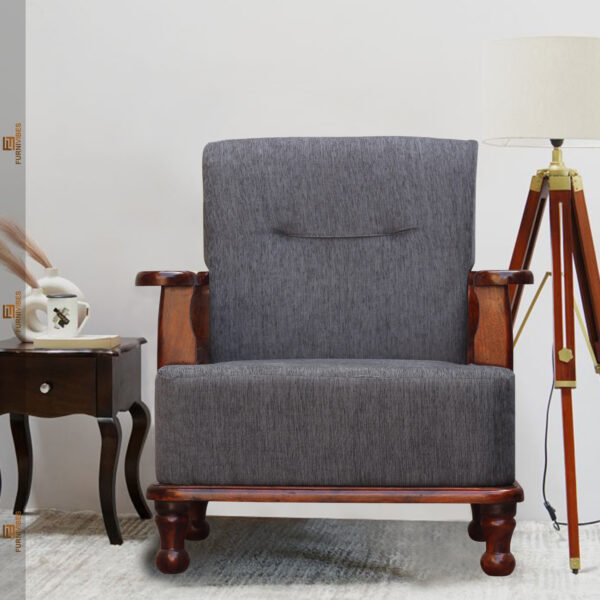 Single seater sofa chair, Single seater sofa chair, Sofa chair, Solid wood single seater sofa chair, Wooden armchair with cushions, Classic wooden single sofa for living room, Compact wooden lounge chair India, Fabric upholstered wooden sofa chair,