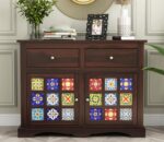 sideboard, storage cabinet, Sheesham wood sideboard with ceramic tiles, Solid wood sideboard cabinet 2 door 2 drawer, Handcrafted tile sideboard for living room, Dark finish Sheesham crockery unit, Ethnic ceramic tile storage cabinet,