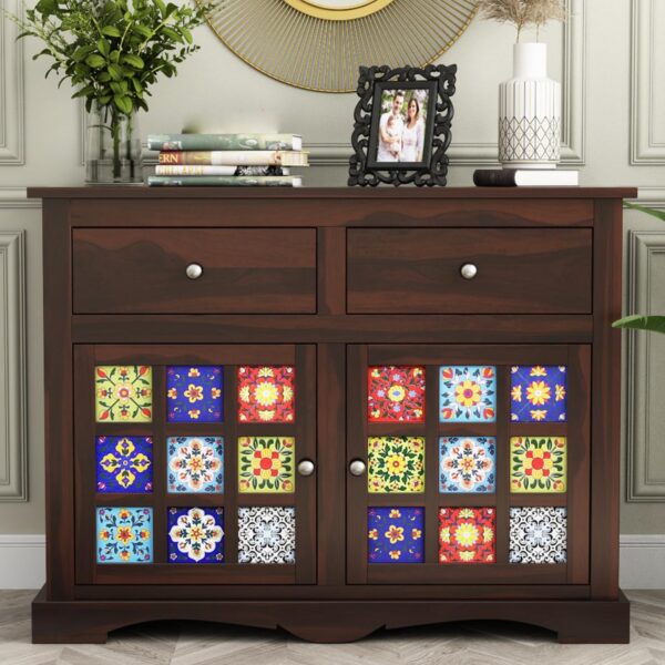 sideboard, storage cabinet, Sheesham wood sideboard with ceramic tiles, Solid wood sideboard cabinet 2 door 2 drawer, Handcrafted tile sideboard for living room, Dark finish Sheesham crockery unit, Ethnic ceramic tile storage cabinet,