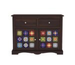 sideboard, storage cabinet, Sheesham wood sideboard with ceramic tiles, Solid wood sideboard cabinet 2 door 2 drawer, Handcrafted tile sideboard for living room, Dark finish Sheesham crockery unit, Ethnic ceramic tile storage cabinet,