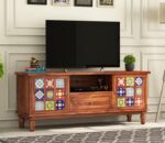 TV stand, TV cabinet, Sheesham wood TV unit with ceramic tiles, Solid wood TV cabinet 58 inch, Tile front entertainment unit for living room, Sheesham TV stand with storage,
