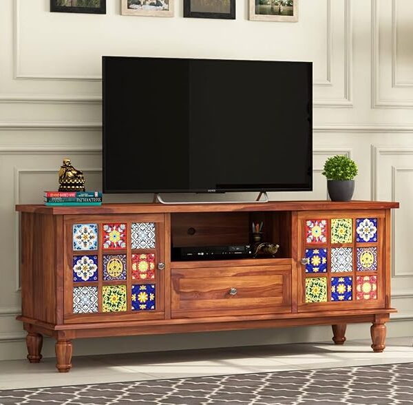 TV stand, TV cabinet, Sheesham wood TV unit with ceramic tiles, Solid wood TV cabinet 58 inch, Tile front entertainment unit for living room, Sheesham TV stand with storage,