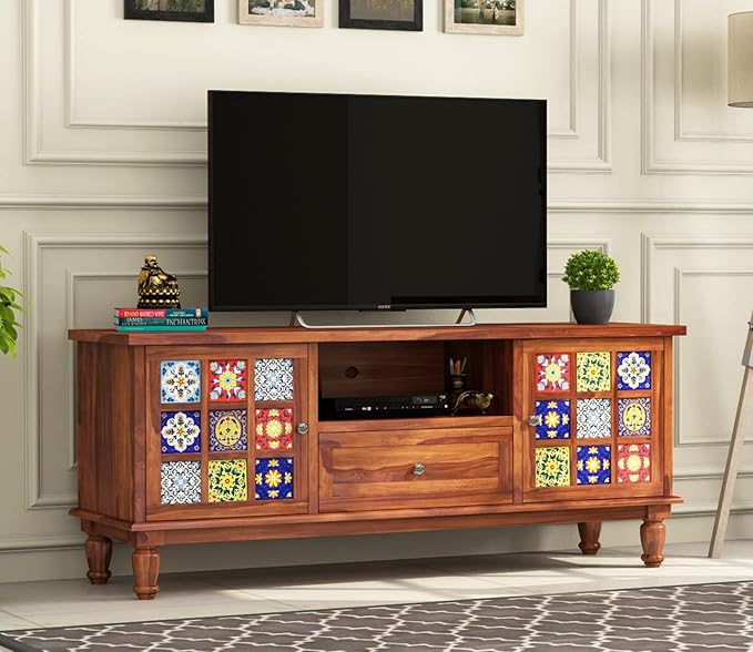 TV stand, TV cabinet, Sheesham wood TV unit with ceramic tiles, Solid wood TV cabinet 58 inch, Tile front entertainment unit for living room, Sheesham TV stand with storage,