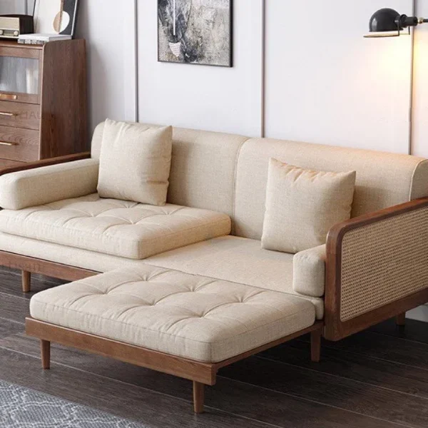 Sofa Bed With Rattan Weaving Wooden Frame