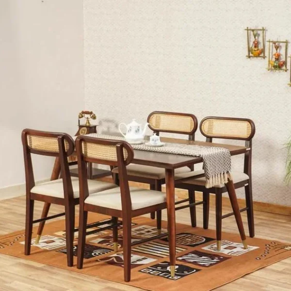 Boston Solid Wood Rattan Cane Dining Table Four Seater Set