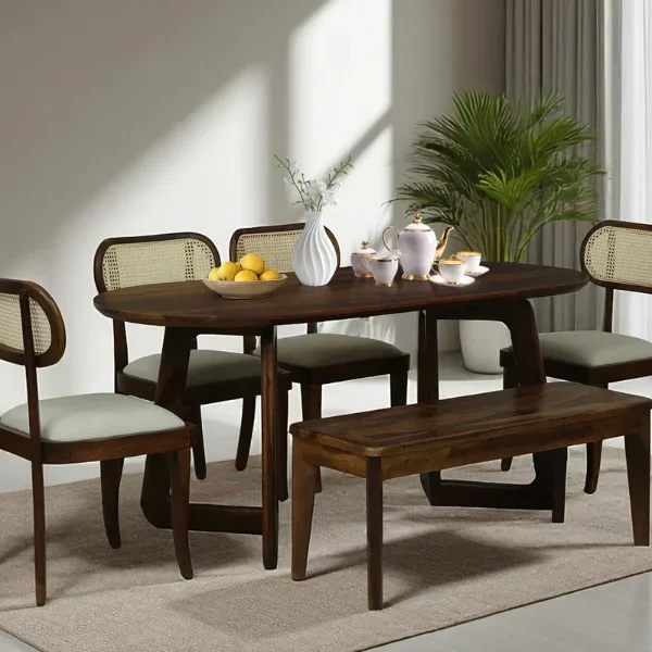 Brookwood Sheesham Wood Six Seater Dining Table Set With Bench In Provincial Teak Finish