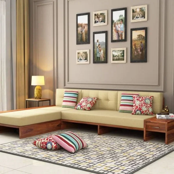 Cortez L-Shaped Wooden Sofa with Side Storage Drawer