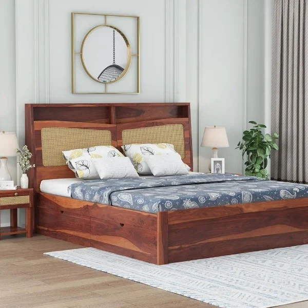 Emalyn Sheesham Wood Cane King-Queen  Bed with Storage