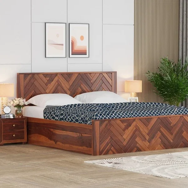 Norma Sheesham Wood King-Queen Size Bed with Storage