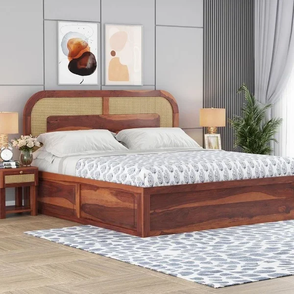 Rattan Sheesham Wood Cane King/Queen Size Bed With Storage