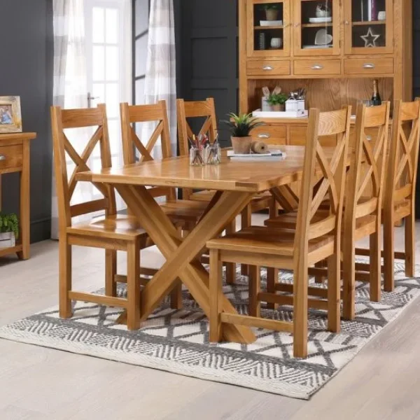 Solid Teak X Frame Dining Table + 6 Cross Back Chairs