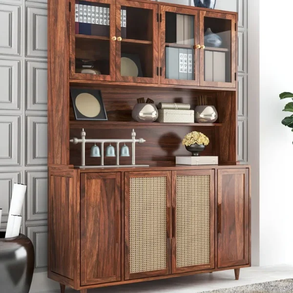 Solid Wood Sheesham Crockery Unit with Rattan