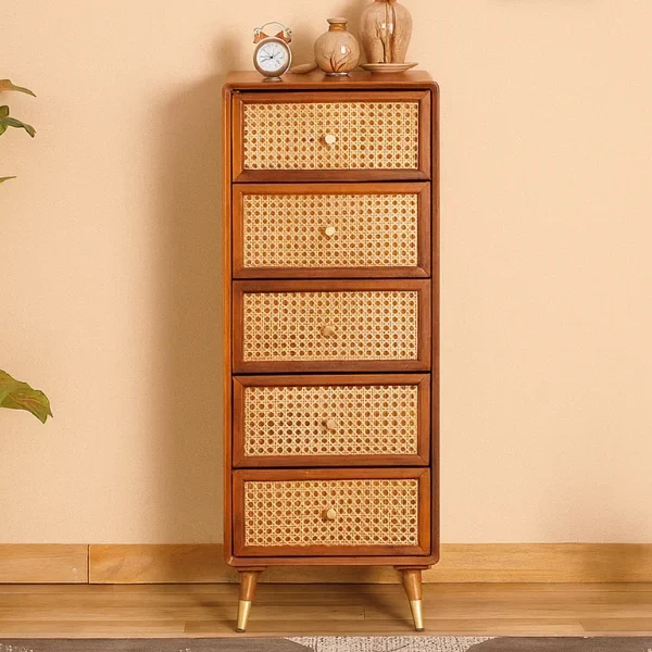 Vintage Solid Wood Rattan Cane Tall Chest of Drawer